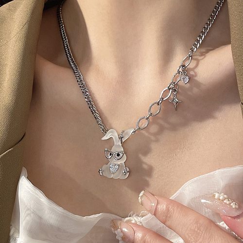 Collier pendentif en Zircon plaqué acier inoxydable lapin à la mode