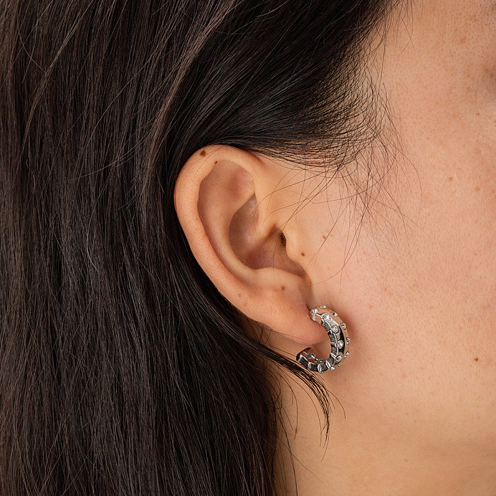 1 paire de clous d'oreilles plaqués or et Zircon, Style moderne, en forme de C, incrustation en acier inoxydable