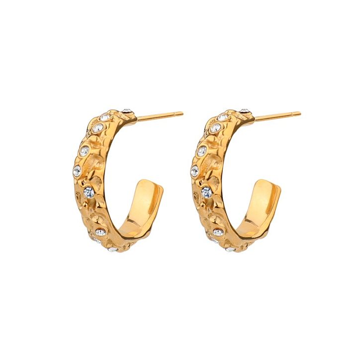 1 Pair Lady C Shape Plating Inlay Stainless Steel  Zircon Gold Plated Earrings Ear Studs