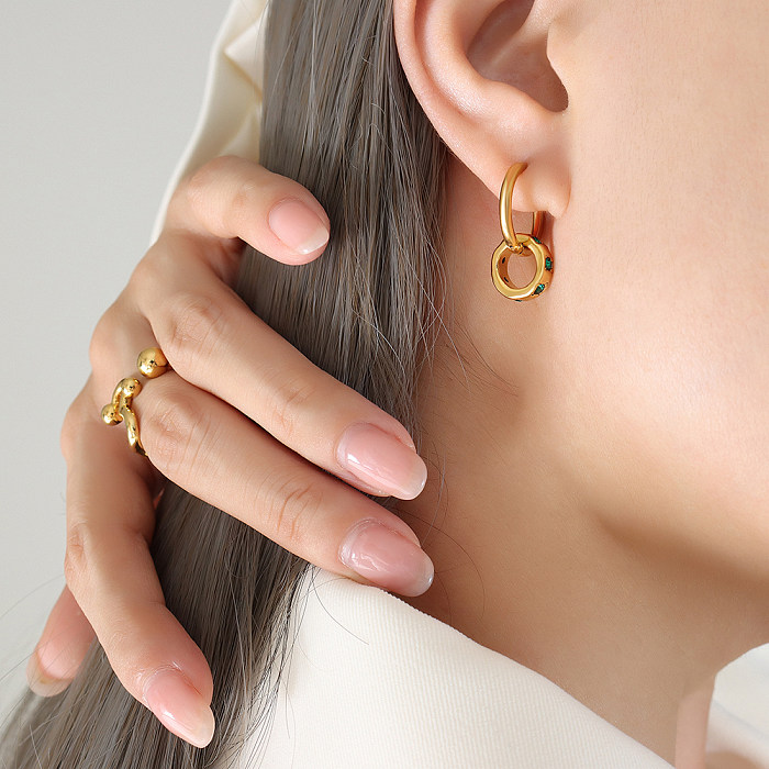 Boucles d'oreilles pendantes en acier inoxydable, 1 paire, Double anneau brillant, placage de peinture en aérosol, incrustation de Zircon plaqué or 18 carats