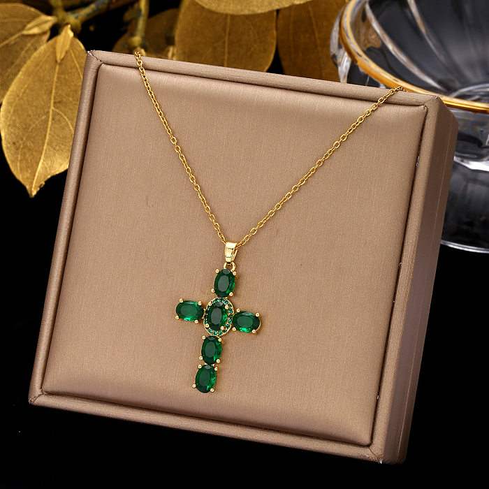 Simple Style Cross Stainless Steel  Stainless Steel Inlay Rhinestones Pendant Necklace