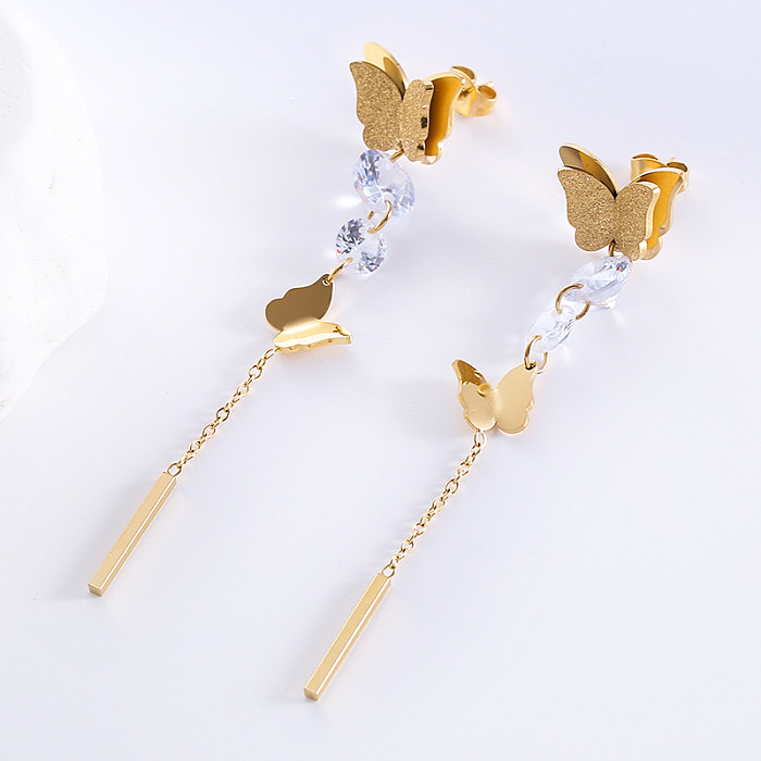 1 Pair Elegant Butterfly Plating Stainless Steel  Zircon 18K Gold Plated Rose Gold Plated Drop Earrings
