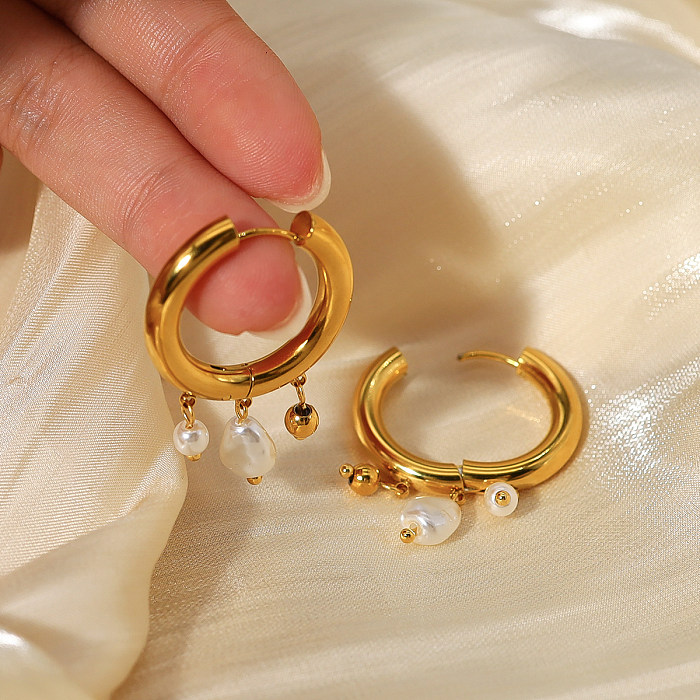 1 Paar IG-Stil-Ohrringe im französischen Stil mit runder Perlenbeschichtung aus Edelstahl und 18 Karat vergoldetem Edelstahl
