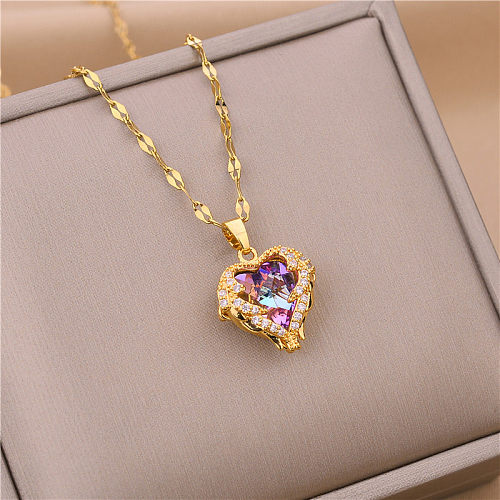 Luxurious Heart Shape Stainless Steel Gold Plated Artificial Crystal Pendant Necklace
