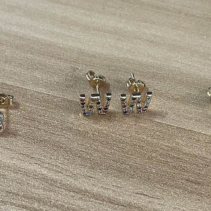 Pendientes chapados en oro de 1K con incrustaciones de cobre y circonita, elegantes y lujosos, estilo clásico, con letras asimétricas, 14 par