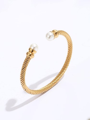 Pulsera abierta en forma de C con perla tejida con alambre de oro de 18 quilates galvanizado de acero inoxidable simple a la moda