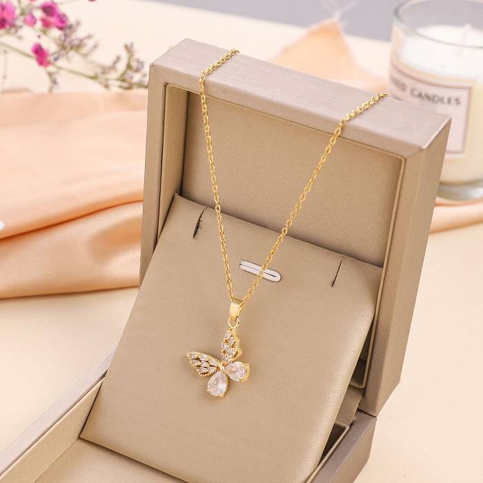 Simple Style Butterfly Stainless Steel Inlay Zircon Pendant Necklace 1 Piece