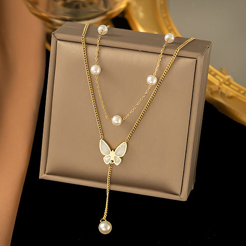 Simple Style Butterfly Stainless Steel 18K Gold Plated Shell Double Layer Necklaces In Bulk