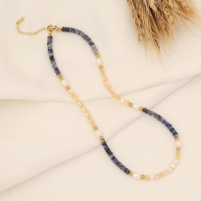 Böhmische Farbblock-Edelstahl-Naturstein-Perlen-handgefertigte Halskette 1 Stück