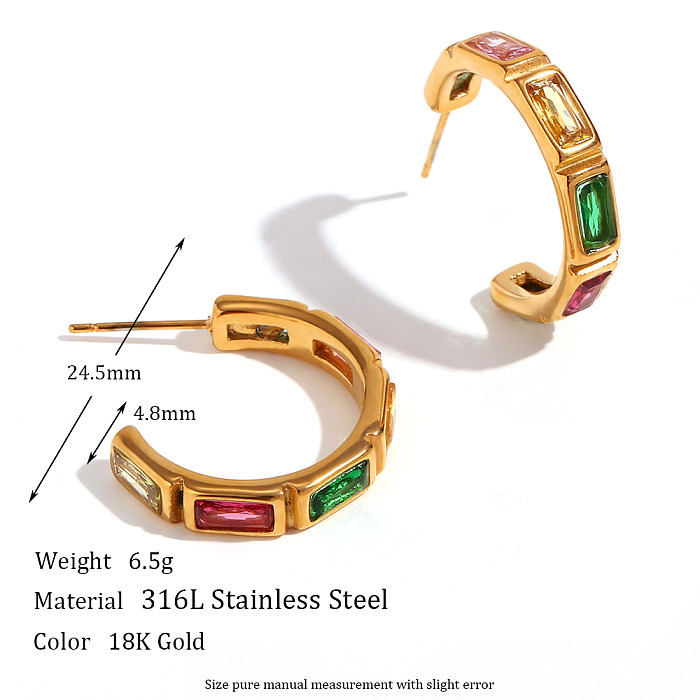 1 Pair Vintage Style Color Block Plating Inlay Stainless Steel  Rhinestones Zircon 18K Gold Plated Hoop Earrings