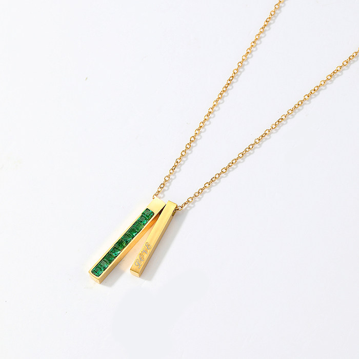 Elegant Rectangle Stainless Steel  Plating Inlay Zircon 18K Gold Plated Pendant Necklace Long Necklace