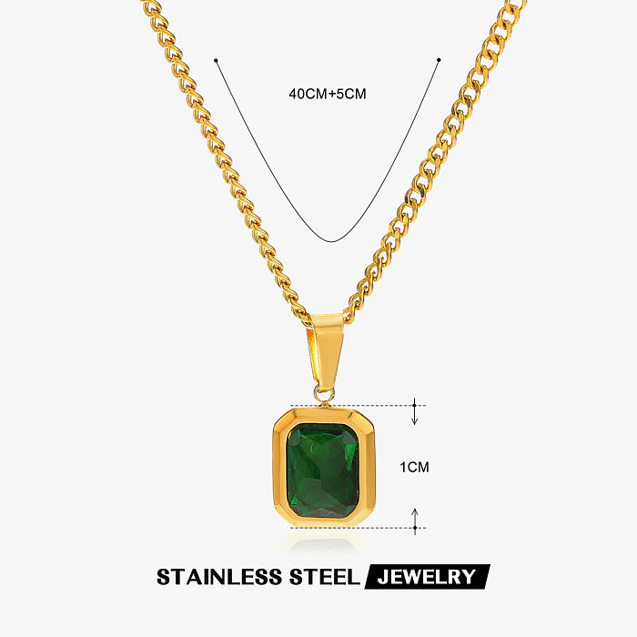 Classic Style Square Stainless Steel  Stainless Steel Plating Inlay Artificial Gemstones 18K Gold Plated Pendant Necklace