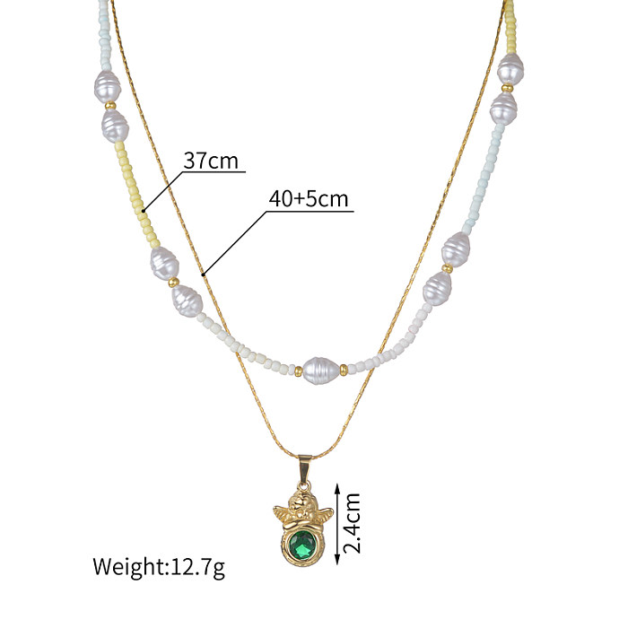 Shiny Pearl Stainless Steel  Plating Inlay Zircon 18K Gold Plated Double Layer Necklaces