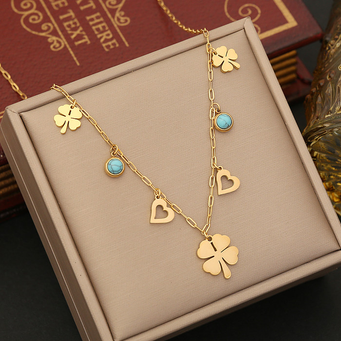 Vintage Style Commute Four Leaf Clover Eye Flower Stainless Steel  Plating Inlay Turquoise Zircon Pendant Necklace