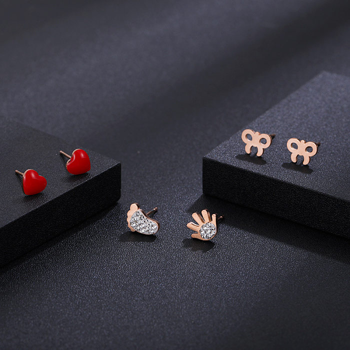 Fashion Heart Shape Butterfly Bow Knot Stainless Steel Inlay Rhinestones Ear Studs 3 Pairs