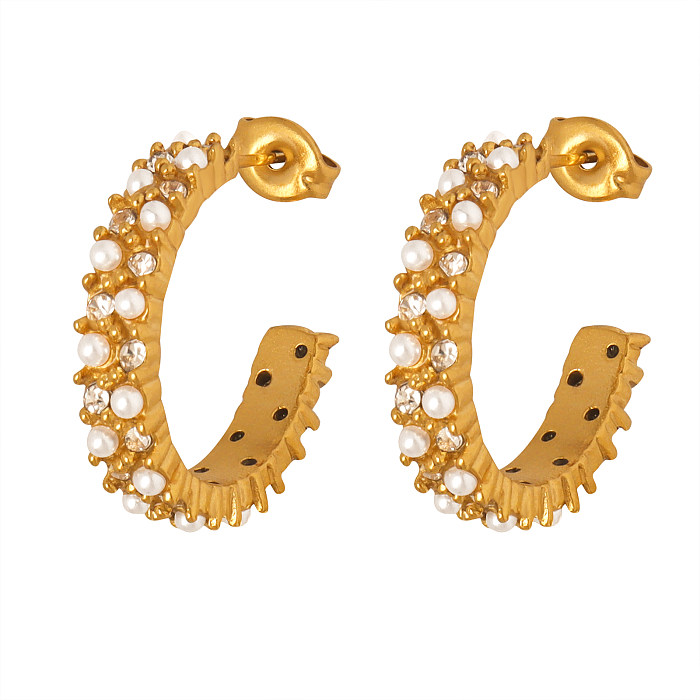 1 paire de clous d'oreilles plaqués or 18 carats, Style Simple, incrustation de placage en forme de C brillant, perles artificielles en acier inoxydable, strass