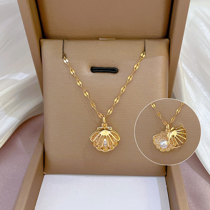 Modern Style Shell Stainless Steel Copper Inlay Pearl Zircon Pendant Necklace