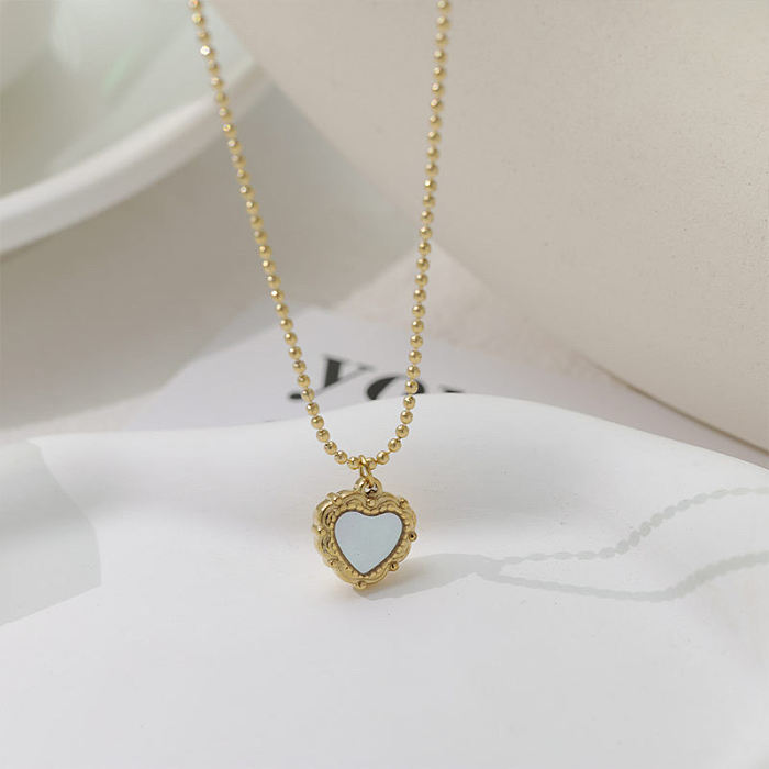 Elegant Lady Heart Shape Stainless Steel  Plating Inlay Shell 14K Gold Plated Pendant Necklace