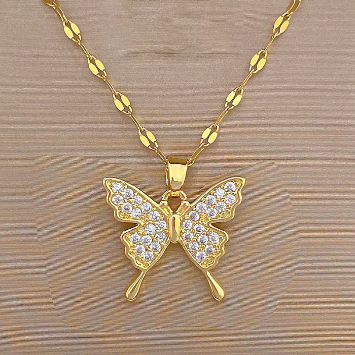 Sweet Butterfly Stainless Steel  Copper Inlay Artificial Gemstones Pendant Necklace