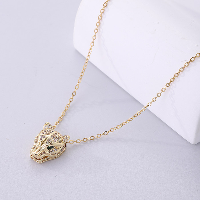 Vintage Style Leopard Head Stainless Steel  Plating Inlay Zircon 18K Gold Plated Pendant Necklace