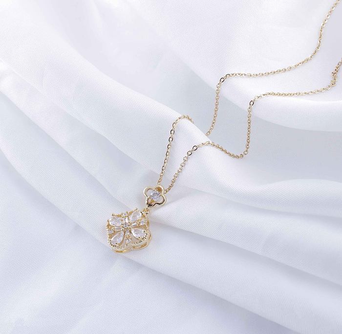 Elegante romântico quadrado coração forma flor chapeamento de aço inoxidável inlay zircão banhado a ouro pingente colar