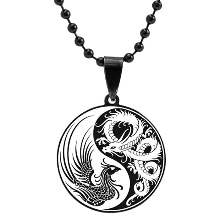 Moda árvore flor dragão phoenix totem branco preto grânulo colar de aço inoxidável