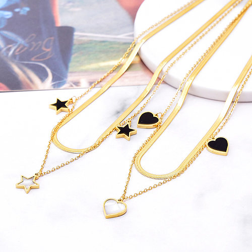 Simple Style Heart Shape Stainless Steel Plating Inlay Shell 18K Gold Plated Layered Necklaces