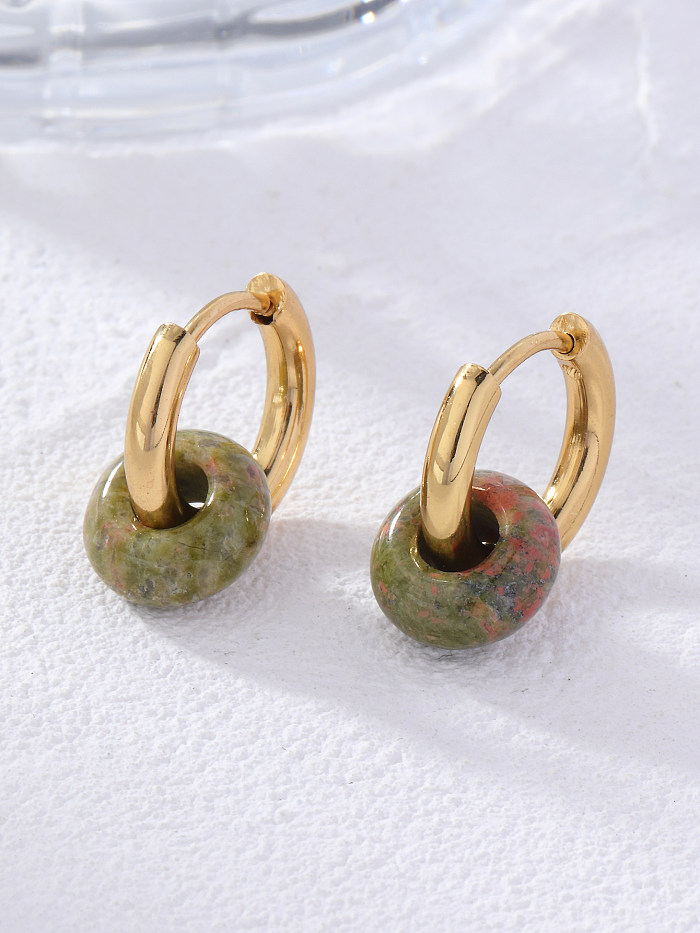 1 paire de boucles d'oreilles en pierre naturelle, Style rétro Simple, placage rond en acier inoxydable