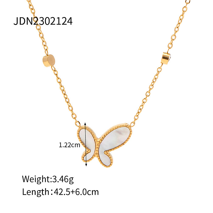 Elegant Butterfly Stainless Steel  Inlay Rhinestones Shell 18K Gold Plated Pendant Necklace