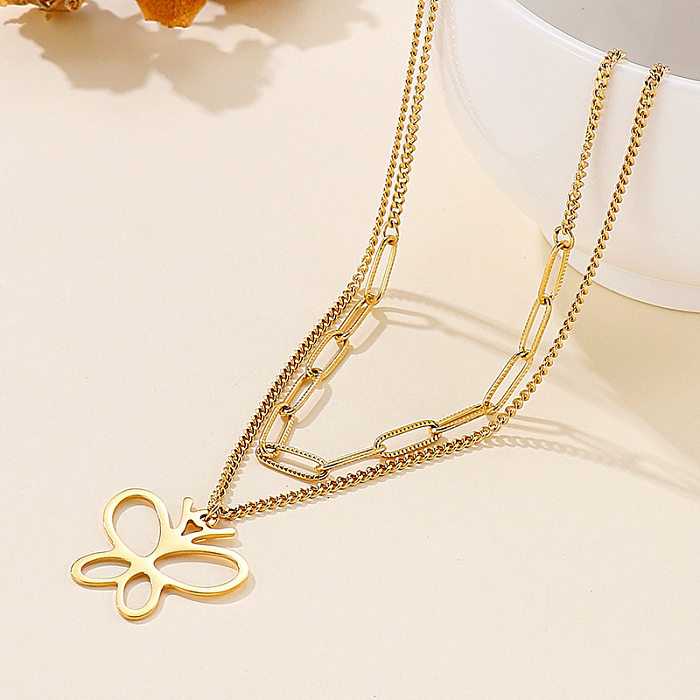 Simple Design Double Layer Butterfly Pendant Stainless Steel Necklace