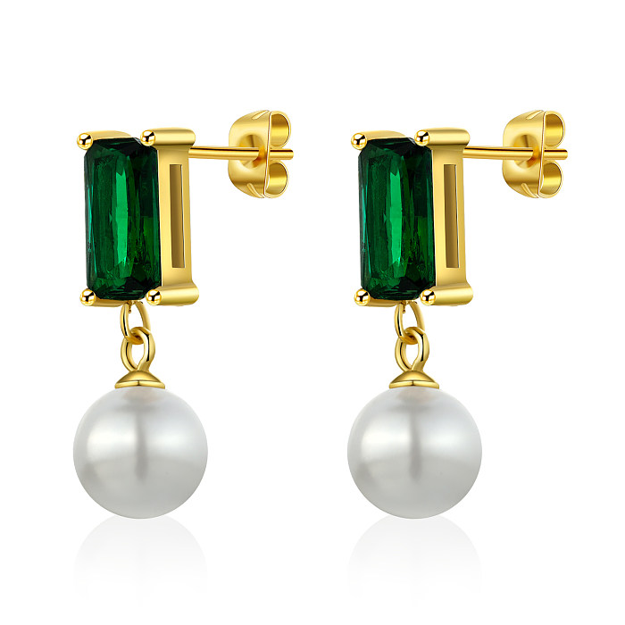 1 Pair Simple Style Classic Style Solid Color Plating Inlay Stainless Steel  Stainless Steel Pearl Zircon Gold Plated Ear Studs