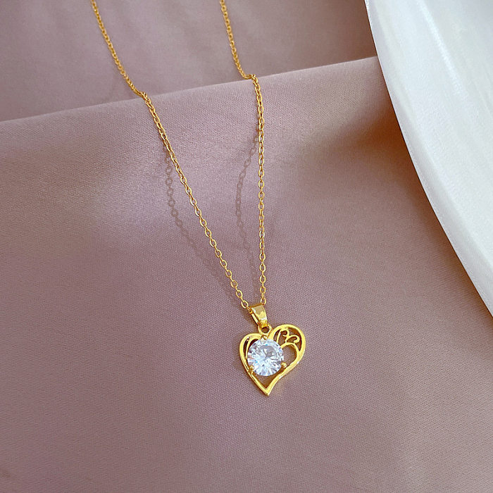 Collier pendentif en forme de cœur doux en acier inoxydable, placage de cuivre, incrustation de Zircon plaqué or