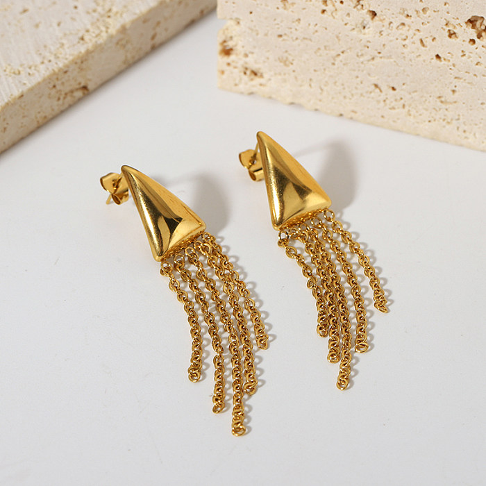 1 par de brincos elegantes femininos triangulares com borla em aço inoxidável banhados a ouro 18K