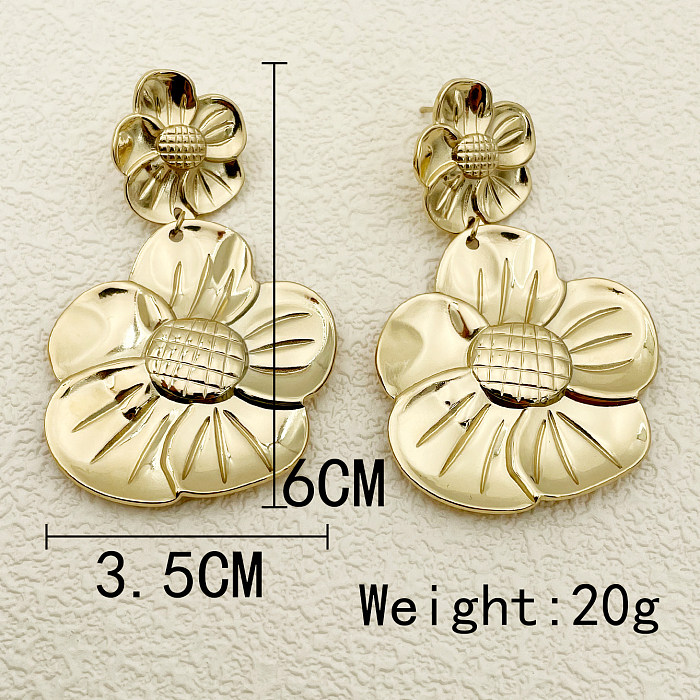 1 Pair Retro Flower Polishing Plating Stainless Steel  Gold Plated Drop Earrings