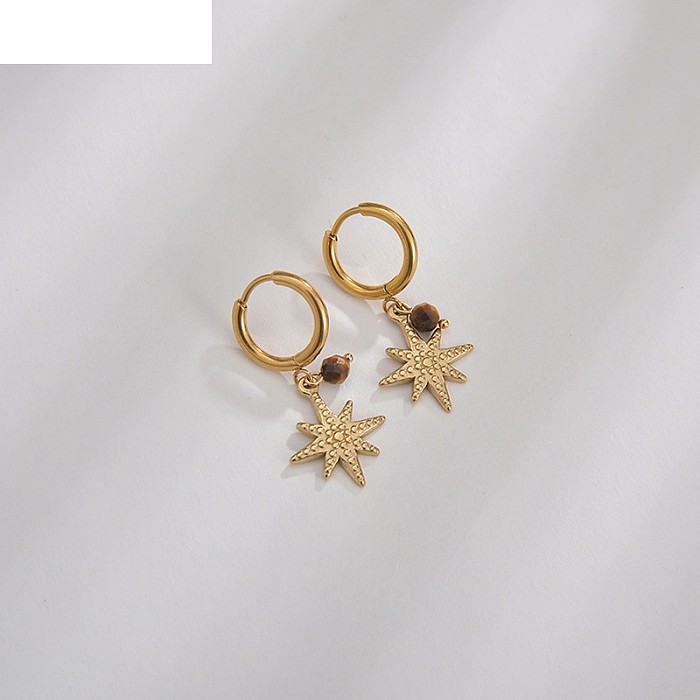 Vintage Rice Beads Eight-pointed Star Round Stainless Steel  Earrings