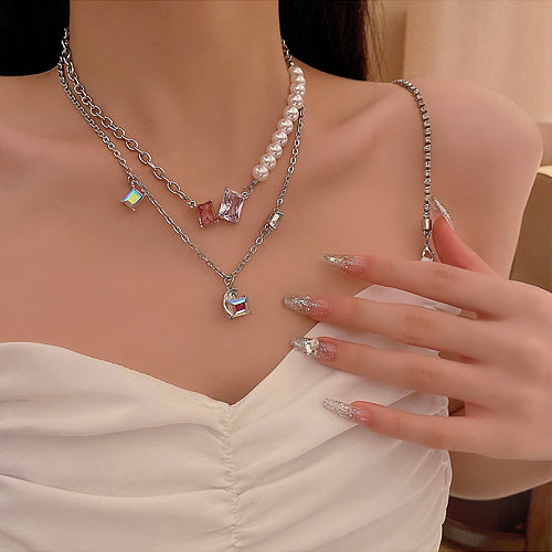 Elegant Lady Geometric Stainless Steel Plating Inlay Rhinestones Double Layer Necklaces