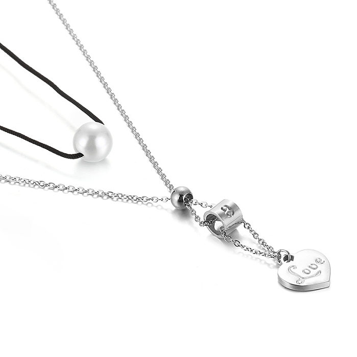 Japanese And Korean Stainless Steel  Digital Double-Layer Necklace Heart-Shaped Love Letter Pearl Necklace Trendy Women's Accessories