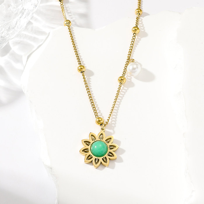 1 Bohemian Real Gold Electroplated Turquoise Flower Necklace Women's Fashion Floral Pearl Necklace