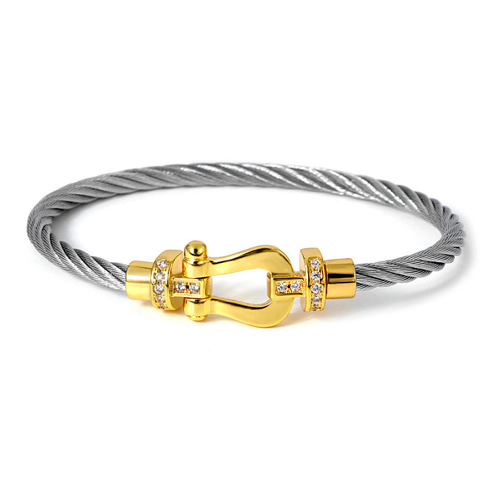 Bracelet plaqué or en fer à cheval, Style Simple et décontracté, en acier titane et cuivre, incrustation de Zircon