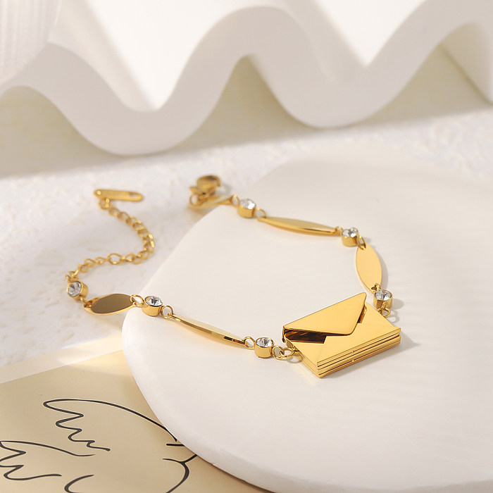 Venta al por mayor de líneas de caja románticas de estilo francés, pulseras de circón chapadas en oro de 18 quilates con incrustaciones de retazos de acero inoxidable