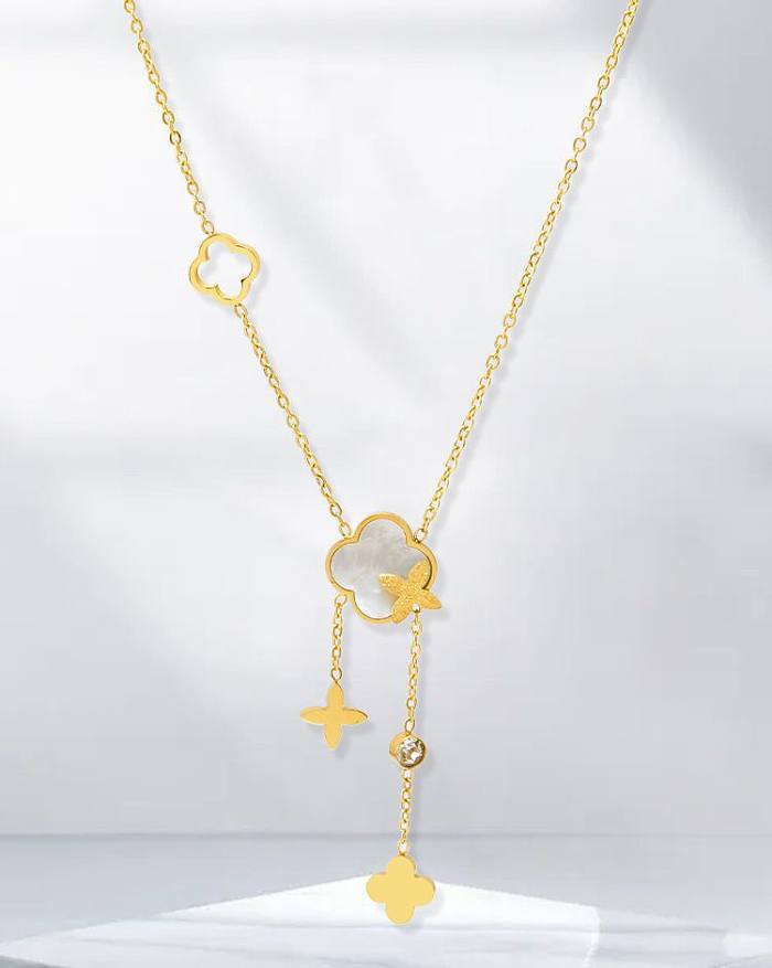 Collier avec pendentif en forme de fleur douce, avec pompon en acier inoxydable, incrustation de coquille en Zircon, 1 pièce