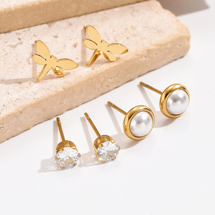 Pendientes chapados en oro de 3K con incrustaciones de libélula de perlas de estilo Simple y dulce, perlas artificiales de acero inoxidable con circonita, 14 pares