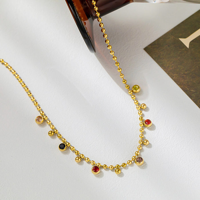 Retro Simple Style Round Stainless Steel Plating Inlay Zircon 18K Gold Plated Necklace