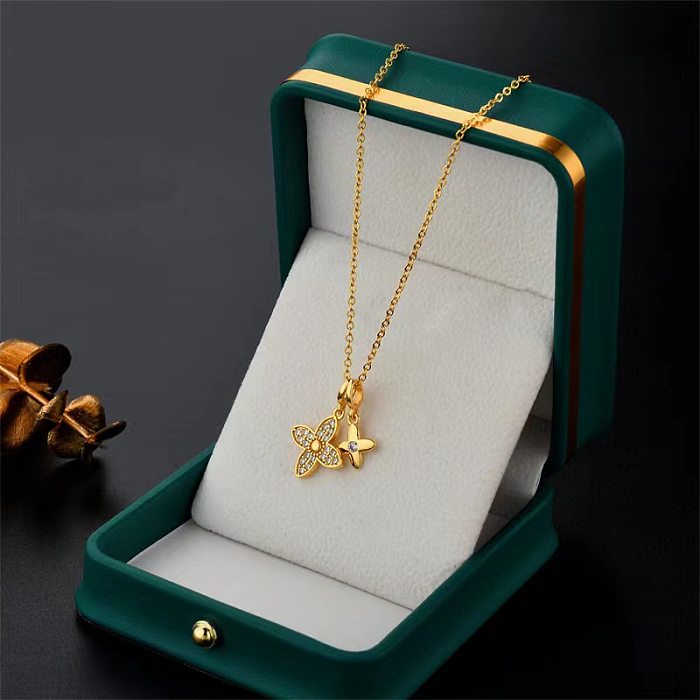 Fashion Micro Inlay Four-Leaf Flower Double Pendant Stainless Steel Chain Necklace Real Gold Color Retention Electroplating Ladies Clavicle Chain Ornament
