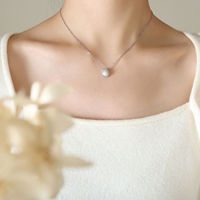 Collar con colgante de perlas artificiales con incrustaciones de acero inoxidable geométrico retro, 1 pieza