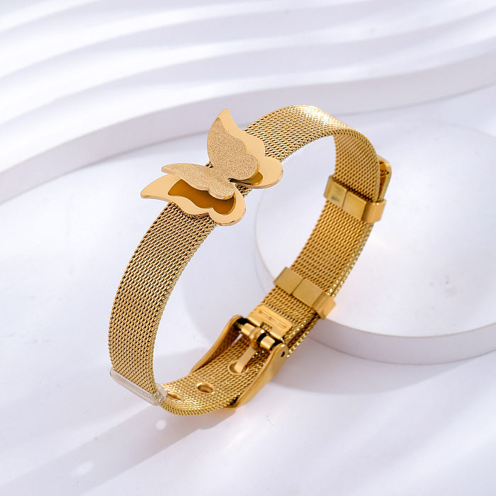 Simple Style Classic Style Four Leaf Clover Number Butterfly Titanium Steel Plating Inlay Shell 24K Gold Plated Bangle