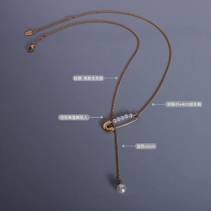 Collier en acier inoxydable avec pendentif à pompon et épingle à perles d'imitation