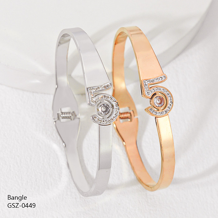 Simple Style Number Butterfly Stainless Steel Plating Hollow Out Inlay Rhinestones Rose Gold Plated Gold Plated Silver Plated Bangle