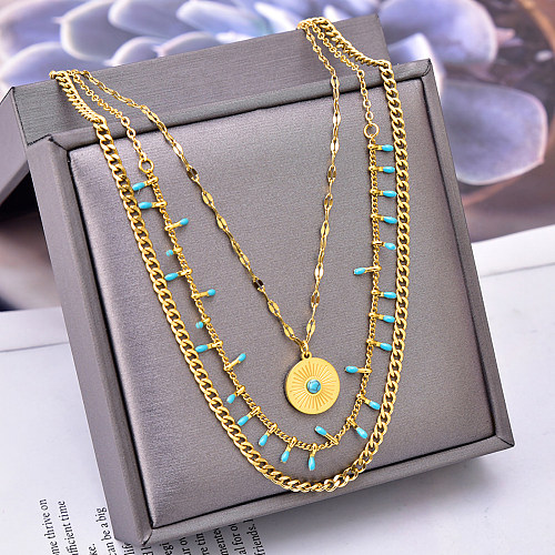 Vintage Style Exaggerated Round Stainless Steel Plating Inlay Turquoise 18K Gold Plated Layered Necklaces