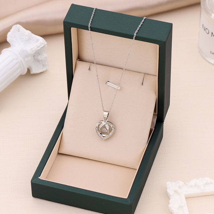 Simple Style Heart Shape Stainless Steel Inlay Rhinestones Pendant Necklace